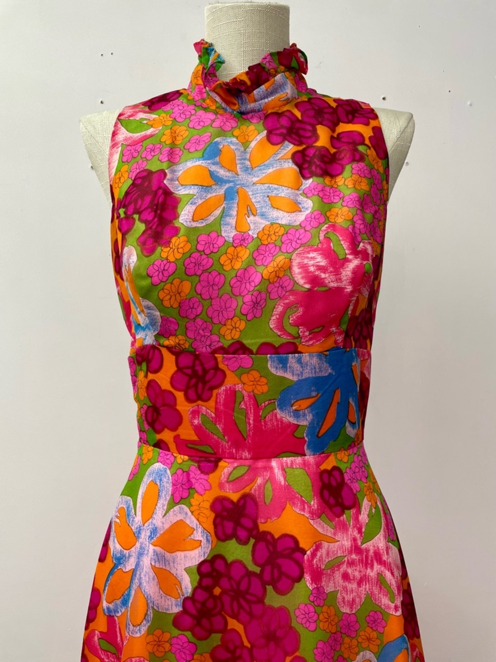 Vintage 60s flower power psychedelic A-Line sweep dress size S/M chiffon halter - Picture 3 of 16